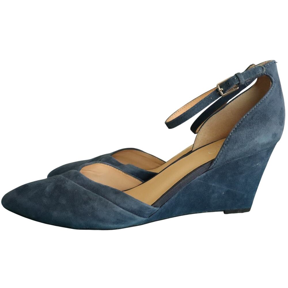 Franco Sarto Fay Blue Suede Wedge Heel Pump Ankle Strap Pointed Toe Womens 11